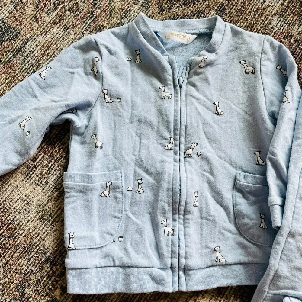 Mayoral Tracksuit Light Blue Giraffe Print Zip Hoodie Joggers Kids 6-9M Animal